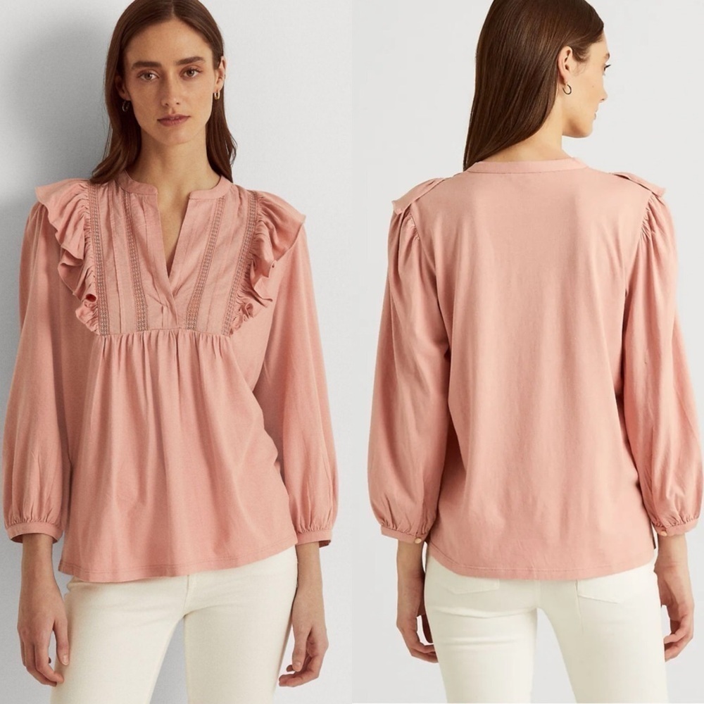 Lauren Ralph Lauren Rose Tan Ruffled Bib Neck Top Size: S - Picture 1 of 9
